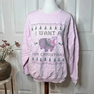 Vintage‎ Gildan Pink Christmas Hippo Sweatshirt Sz M Granny Holiday Novelty 90s